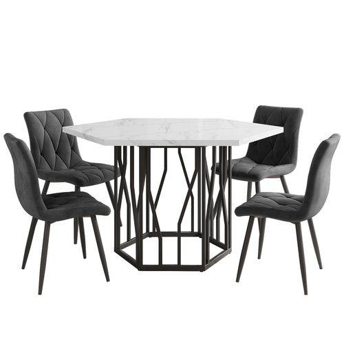 Table Hexagonale 115,5x100 Cm Marbre Blanc, Piètement Acier Noir + 4 Chaises Velours Gris