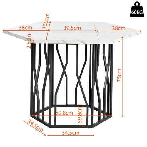 Table Hexagonale 115,5x100 Cm Marbre Blanc, Piètement Acier Noir + 4 Chaises Velours Gris