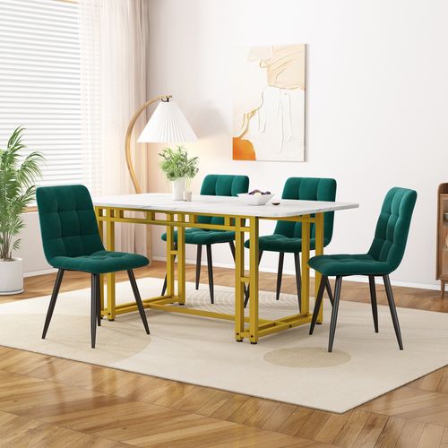 Table à Manger 120 Cm Avec 4 Chaises En Velours Vert Foncé Et Pieds Métal Doré, Design Moderne