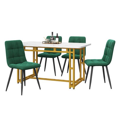 Table à Manger 120 Cm Avec 4 Chaises En Velours Vert Foncé Et Pieds Métal Doré, Design Moderne