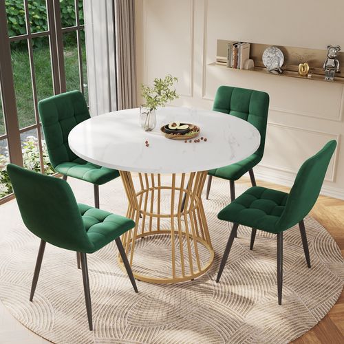Ensemble Table Ronde 100 Cm Avec 4 Chaises En Velours Vert, Plateau Effet Marbre, Pieds Dorés