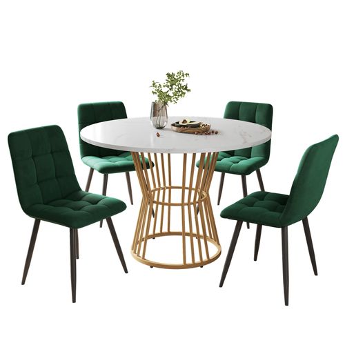 Ensemble Table Ronde 100 Cm Avec 4 Chaises En Velours Vert, Plateau Effet Marbre, Pieds Dorés
