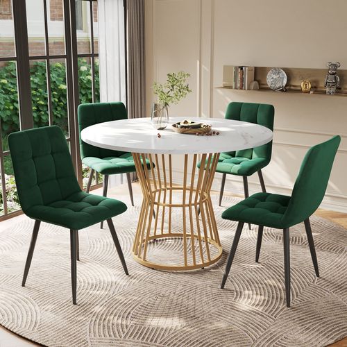 Ensemble Table Ronde 100 Cm Avec 4 Chaises En Velours Vert, Plateau Effet Marbre, Pieds Dorés