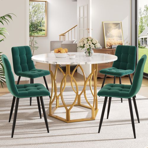 Ensemble Repas 5 Pièces : Table Ronde 100 Cm Motif Marbre (mdf) Et 4 Chaises Velours Vert