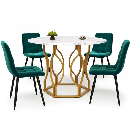 Ensemble Repas 5 Pièces : Table Ronde 100 Cm Motif Marbre (mdf) Et 4 Chaises Velours Vert
