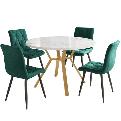 Lit Table Ronde 100 Cm En Mdf Effet Marbre, Pieds Métal Doré, 4 Chaises Velours Vert Moderne