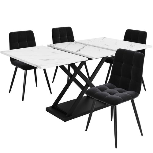 Ensemble Table Extensible 120-160x80x75 Cm Blanc Marbré Et 4 Chaises Velours Noir, Design