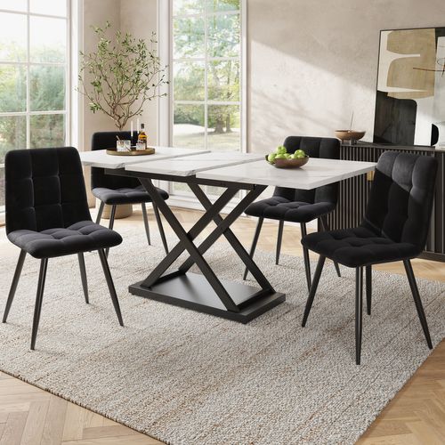Ensemble Table Extensible 120-160x80x75 Cm Blanc Marbré Et 4 Chaises Velours Noir, Design