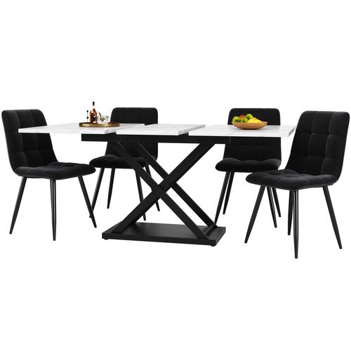 Ensemble Table Extensible 120-160x80x75 Cm Blanc Marbré Et 4 Chaises Velours Noir, Design