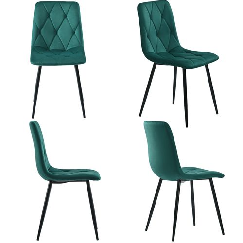 Ensemble Table Hexagonale 115,5x100 Cm + 4 Chaises Velours Vert, Piétement Acier Noir