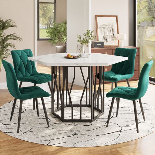 Ensemble Table Hexagonale 115,5x100 Cm + 4 Chaises Velours Vert, Piétement Acier Noir