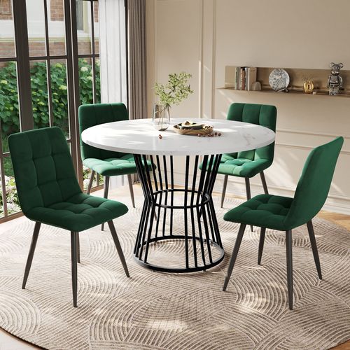 Ensemble Repas 5 Pièces – Table Ronde 100 Cm, Plateau Marbre, Chaises Velours Vert, Pieds Métal
