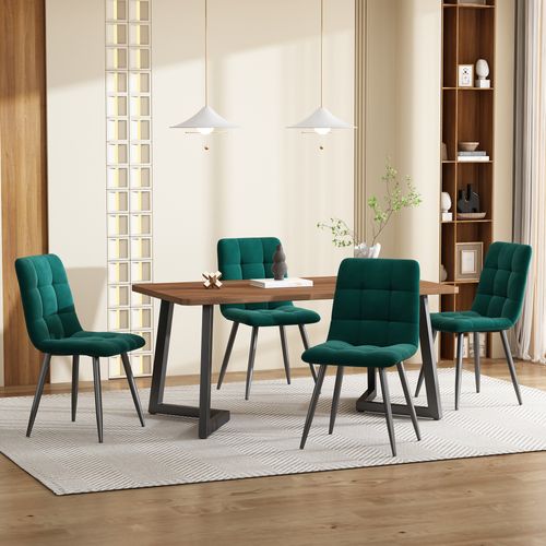 Ensemble Repas 5 Pièces, Table 117x68x75 Cm Mdf Noyer Et 4 Chaises Velours Vert Foncé, Pieds Métal