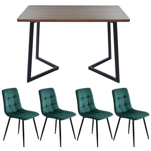 Ensemble Repas 5 Pièces, Table 117x68x75 Cm Mdf Noyer Et 4 Chaises Velours Vert Foncé, Pieds Métal