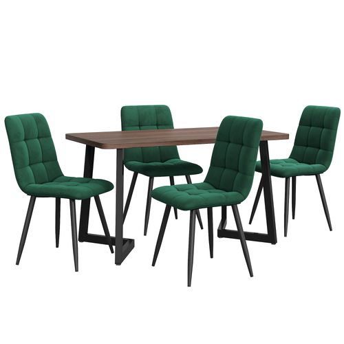 Ensemble Repas 5 Pièces, Table 117x68x75 Cm Mdf Noyer Et 4 Chaises Velours Vert Foncé, Pieds Métal