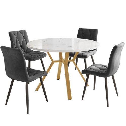 Table Ronde 100x75 Cm En Mdf Effet Marbre, Piètement Métal Doré + 4 Chaises Velours Gris