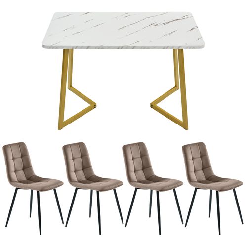 Ensemble Table 117x68x75 Cm Avec 4 Chaises Velours Brun, Plateau Mdf Effet Marbre, Pieds Dorés