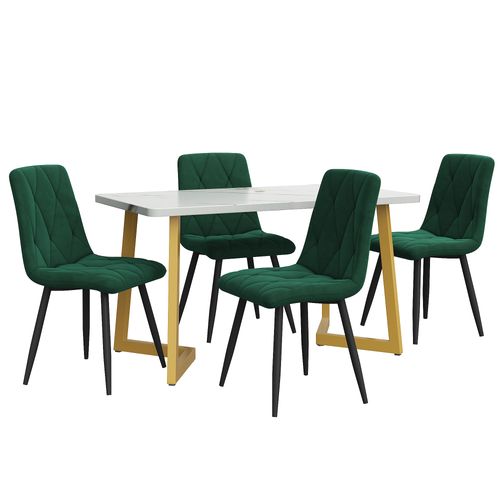 Ensemble Table à Manger 117x68 Cm: Table Mdf Marbre + 4 Chaises Velours Vert, Pieds Métal Doré