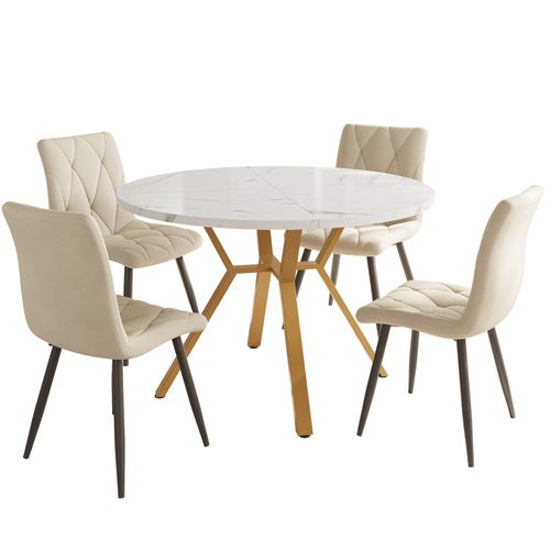 Ensemble Repas Rond 5 Pièces 100 Cm En Mdf Effet Marbre Pieds Métal Doré, 4 Chaises Velours Vert