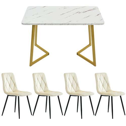 Ensemble Repas 117x68x75 Cm - 4 Chaises Velours Beige, Plateau Mdf Effet Marbre, Pieds Dorés
