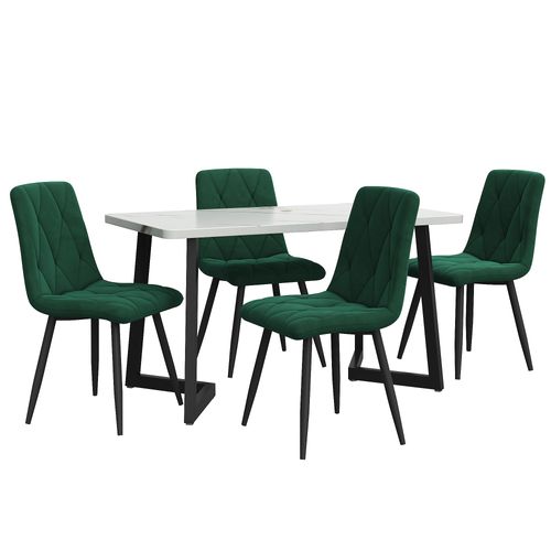 Ensemble Table 117x68 Cm + 4 Chaises Velours Vert, Plateau Mdf Effet Marbre, Pieds Métal Noirs
