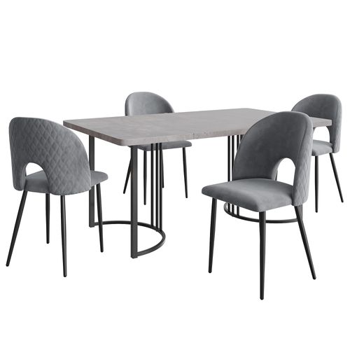 Ensemble Repas 140x80 Cm Gris, Table Mdf Effet Marbre Sur Piètement Métal, 4 Chaises Velours