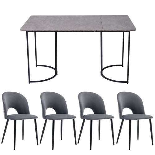 Ensemble Repas 140x80 Cm Gris, Table Mdf Effet Marbre Sur Piètement Métal, 4 Chaises Velours