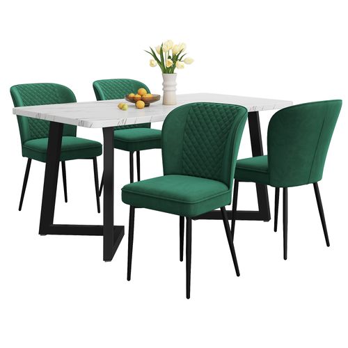 Ensemble Repas 117x68x75 Cm - Table Mdf Blanche Et 4 Chaises Velours Vertes, Pieds Métal Noirs