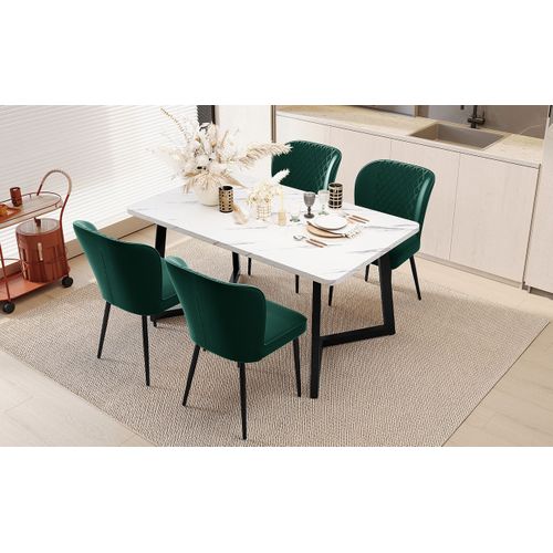 Ensemble Repas 117x68x75 Cm - Table Mdf Blanche Et 4 Chaises Velours Vertes, Pieds Métal Noirs