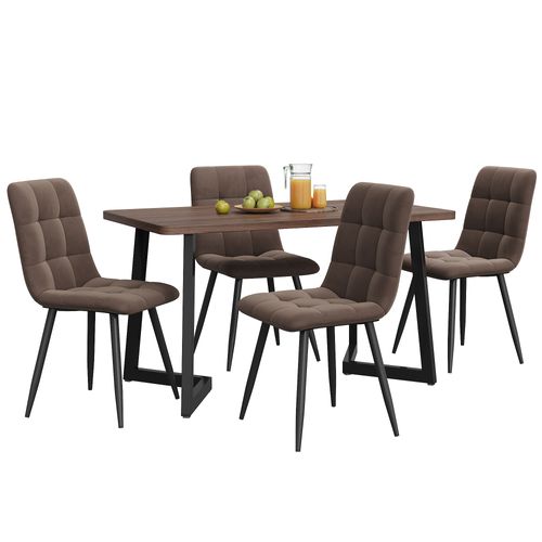 Ensemble Table 117x68 Cm Et 4 Chaises Velours Brun, Plateau Mdf Effet Noyer, Pieds Métal