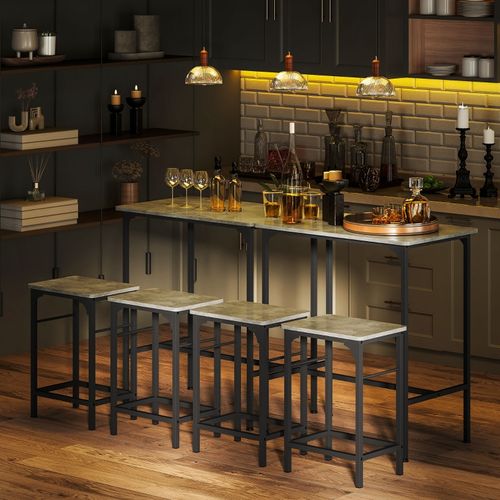 Table haute 80x50 cm avec 2 tabourets, plateau effet bois gris et structure acier noir