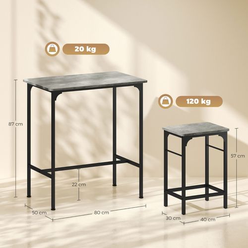 Table haute 80x50 cm avec 2 tabourets, plateau effet bois gris et structure acier noir