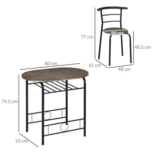Ensemble bistrot 1 table 80x53x74,5 cm + 2 chaises noir, design compact avec étagère sous table