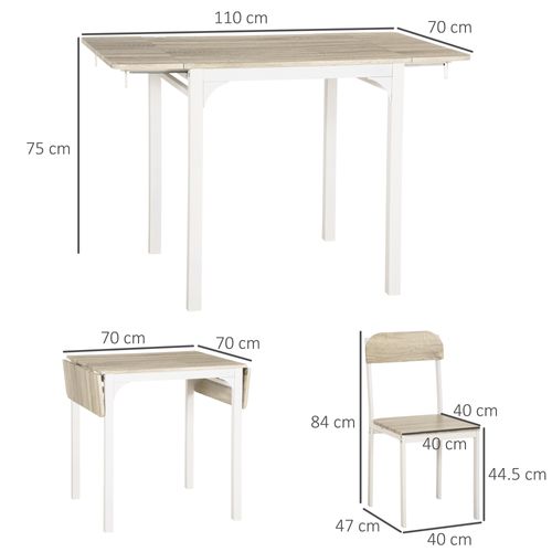 Ensemble repas 3 pièces 110x70x75 cm en MDF naturel, table pliable et 2 chaises gain de place