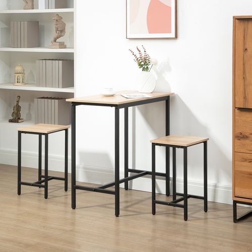 Ensemble table haute 3 pièces 80x50x85 cm, plateau bois effet naturel et piètement métal noir