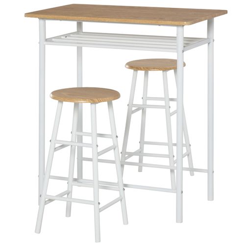 Table haute 80x50x90 cm avec 2 tabourets30x60 cm, style industriel blanc, plateau MDF