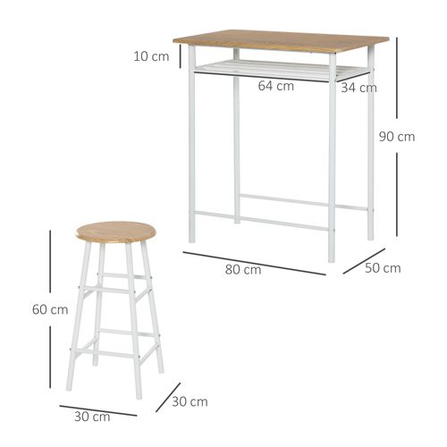 Table haute 80x50x90 cm avec 2 tabourets30x60 cm, style industriel blanc, plateau MDF