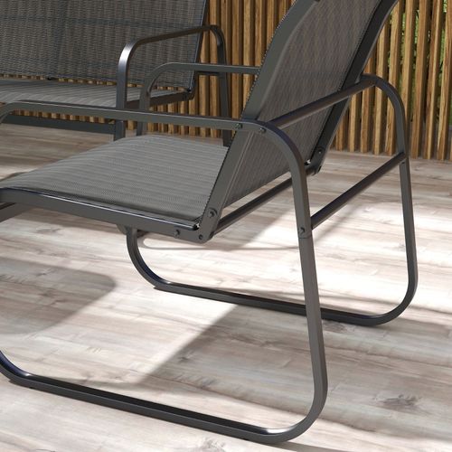 Salon de jardin 4 pièces 2 places en mesh noir, cadre acier laqué et table en verre trempé