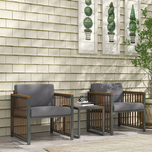 Ensemble bistrot 3 pièces en rattan gris 2 fauteuils + table 45x45 cm, coussins déhoussables