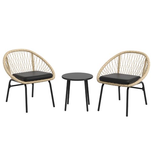 Salon de jardin 3 pièces en rotin jaune pour balcon : 2 fauteuils avec accoudoirs et table ronde40cm