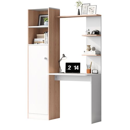 Bureau 123,5x45x168,5 Cm Blanc Et Naturel En Mdf — Étagères Ouvertes Et Placard Fermé
