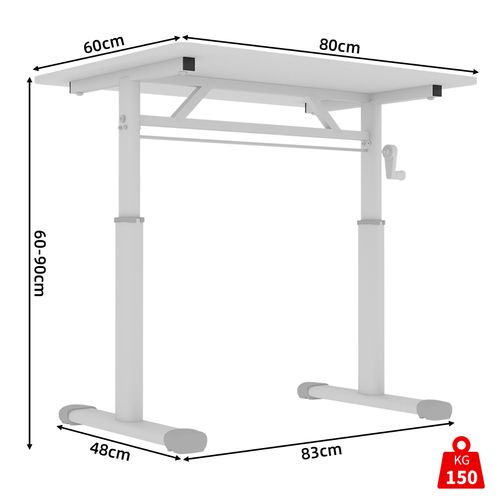 Bureau Réglable à Manivelle, Hauteur Ajustable, Blanc, Métal Et Plateau Bois, Design Épuré