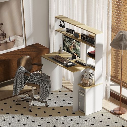 Bureau 113x45 Cm En Chêne, Plateau Pour Écran 24 Pouces, Étagères Et Support Cpu