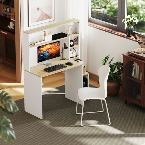 Bureau 113x45 Cm En Chêne, Plateau Pour Écran 24 Pouces, Étagères Et Support Cpu