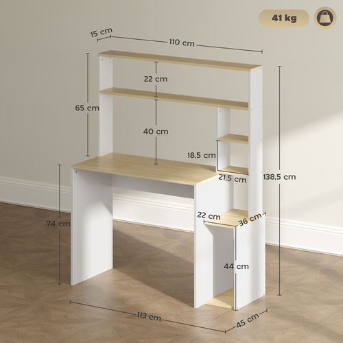 Bureau 113x45 Cm En Chêne, Plateau Pour Écran 24 Pouces, Étagères Et Support Cpu