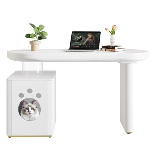 Bureau 117×50×76 Cm En Mdf Laqué Blanc Avec Niche Intégrée Pour Animaux M–xl, Courbes Douces