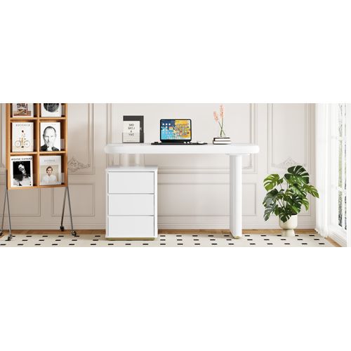 Bureau Moderne 117x50x74 Cm En Mdf Laqué Blanc, Forme Nuage Élégante Avec 3 Tiroirs