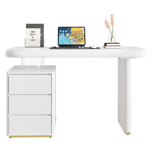 Bureau Moderne 117x50x74 Cm En Mdf Laqué Blanc, Forme Nuage Élégante Avec 3 Tiroirs