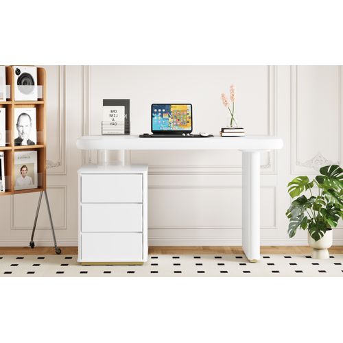 Bureau Moderne 117x50x74 Cm En Mdf Laqué Blanc, Forme Nuage Élégante Avec 3 Tiroirs