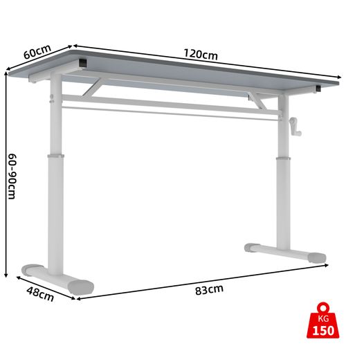 Bureau Réglable En Hauteur Manuel Gris – Plateau Bois, Cadre Métal Double-colonne Avec Manivelle